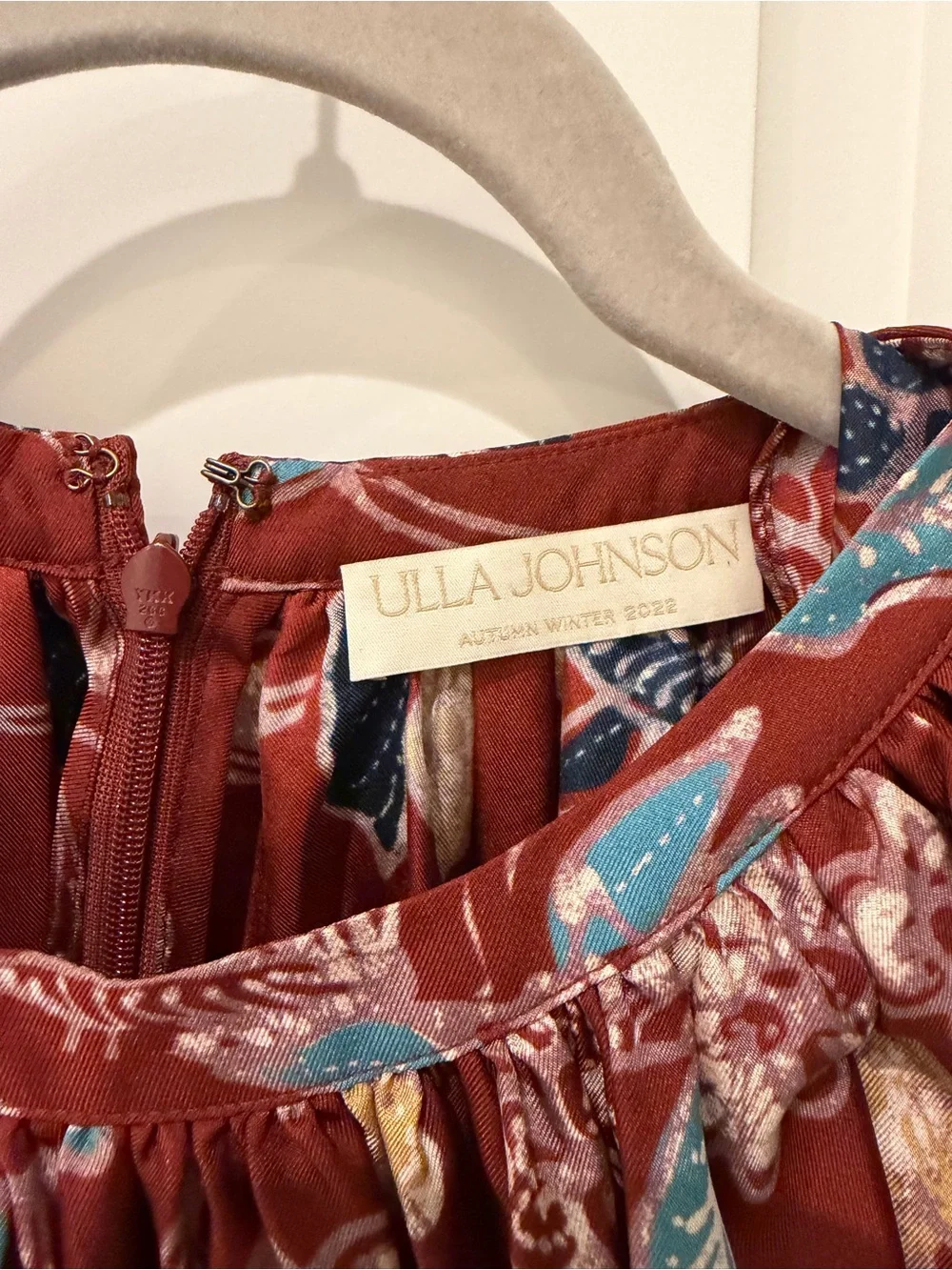 Ulla Johnson Marisol Burgundy Floral Silk Gathered-Neck Blouse